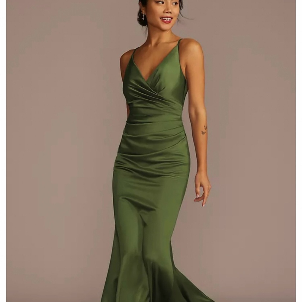 Elegant Olive Green Satin Mermaid Wedding Guest Dress NEW